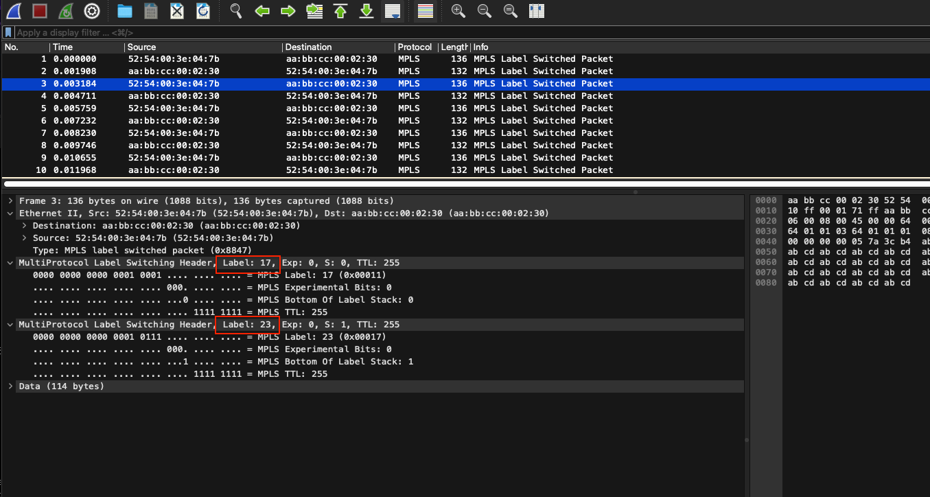Wireshark capture of a ping across the VPLS showing the transport and service MPLS label stack